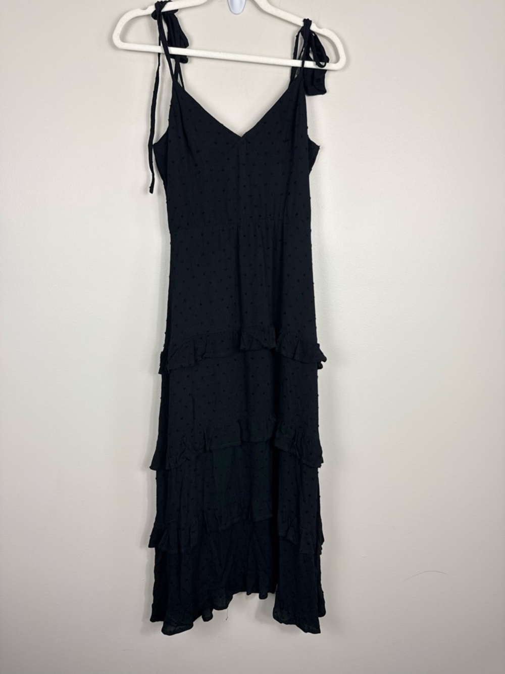 Altar'd State Maxi Dress Womens Medium Black Ruffle Tiered Boho Polka Dot Summer